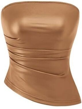 Womenβs Faux Leather Ruched Top - Bronze/Brown Size Medium NEW